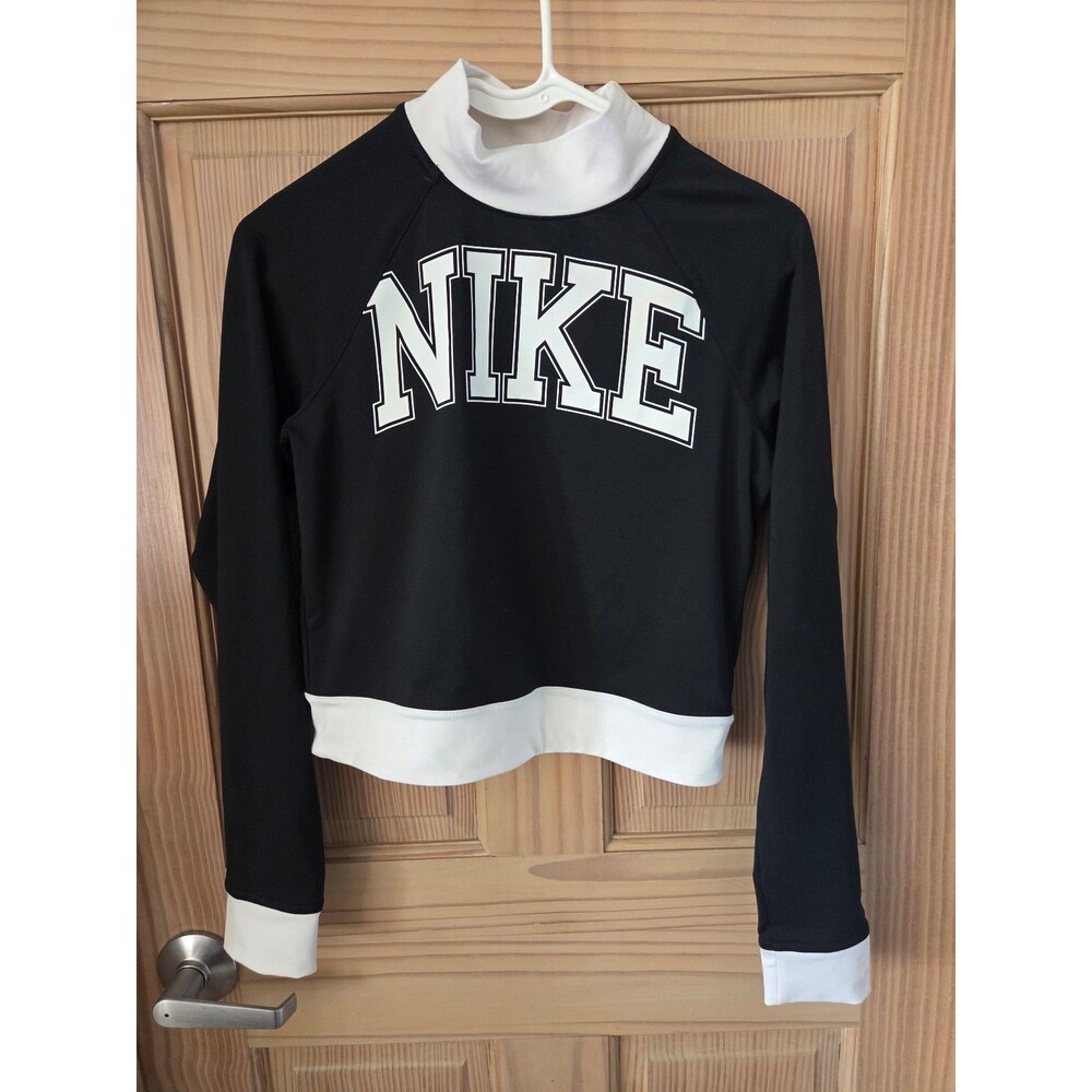 Nike Women Athletic Mock Neck Long Sleeve Crop Workout Shirt Black White Medium